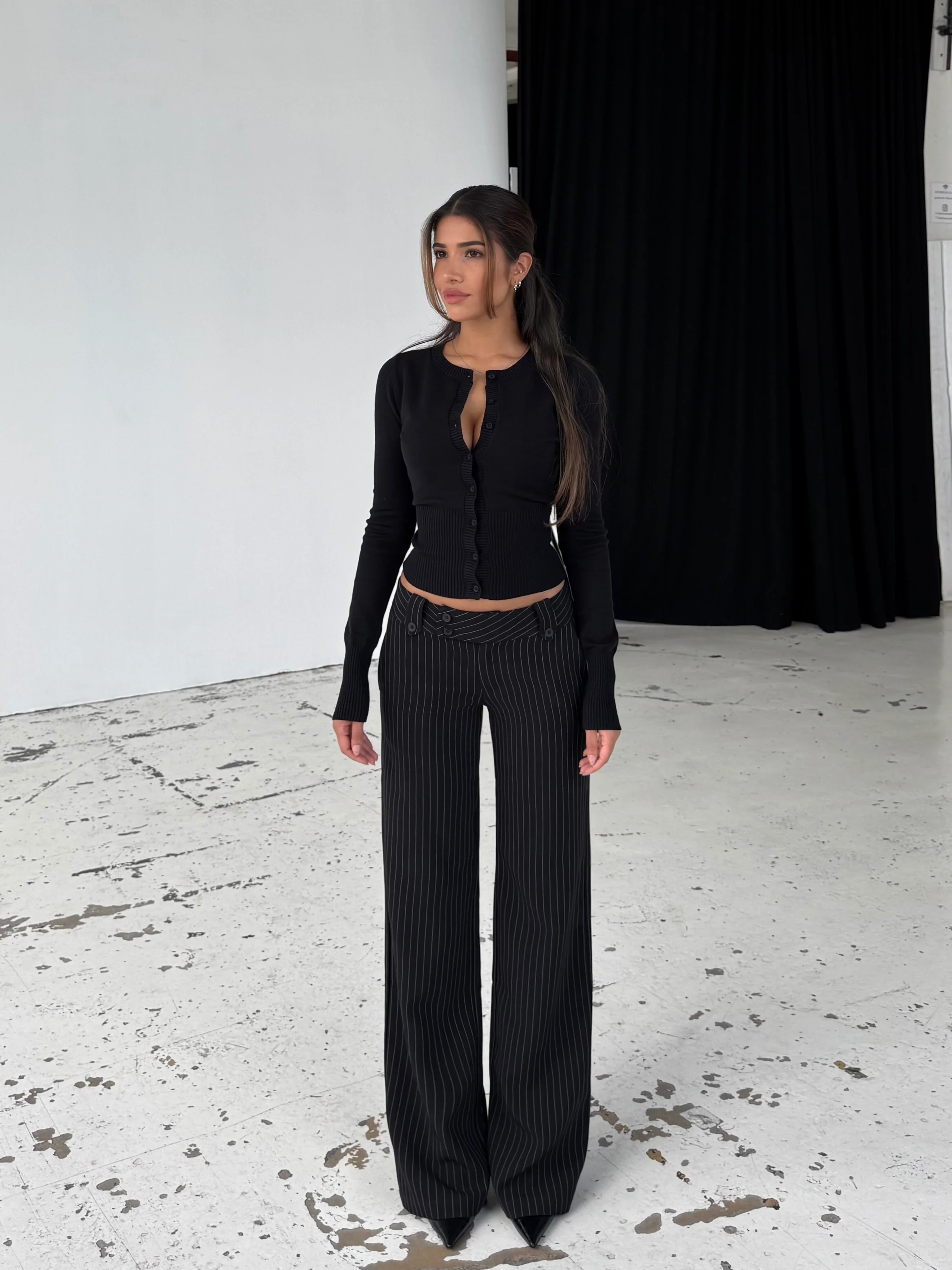 Button low waist pants - Schwarz gestreift