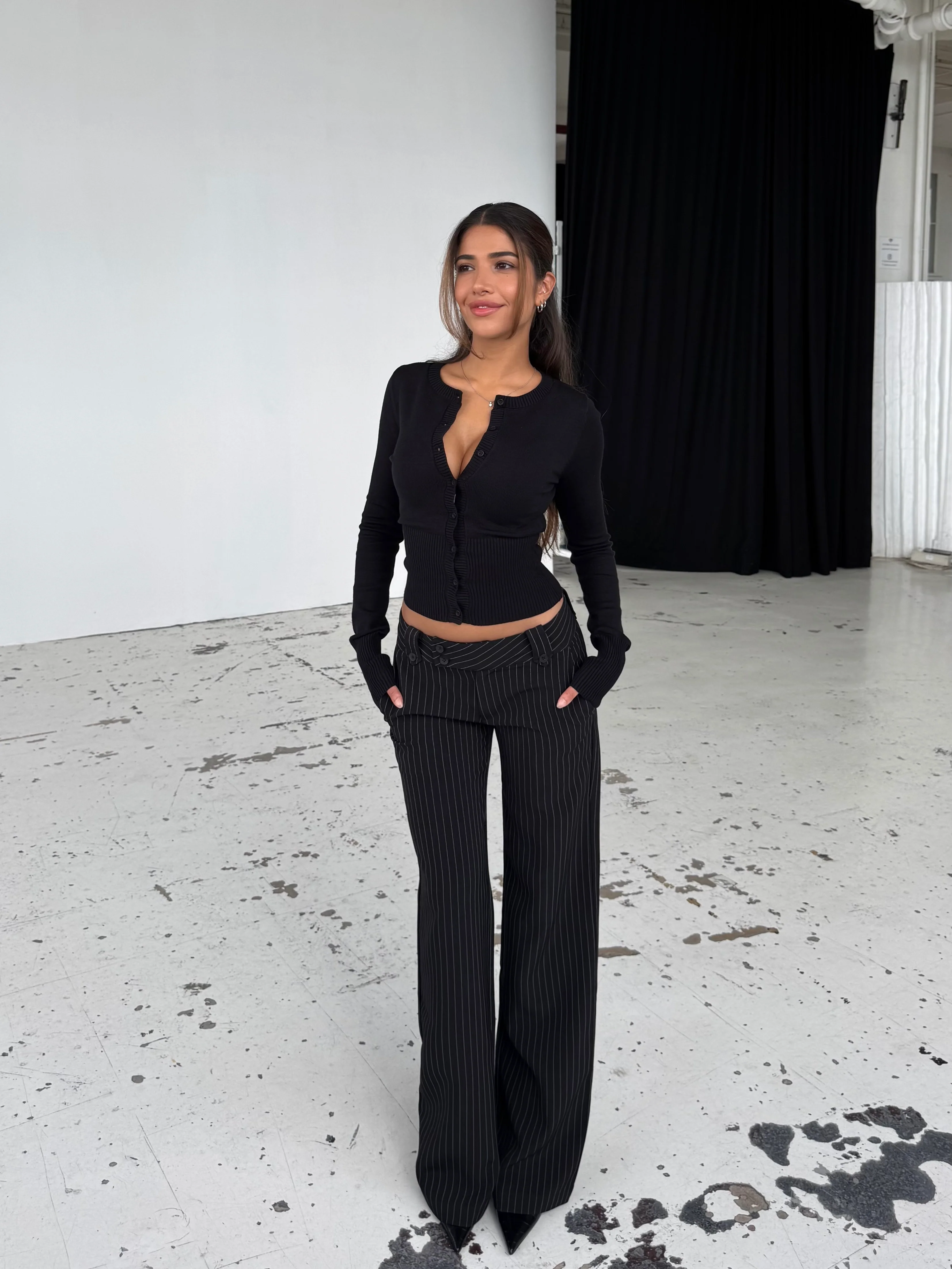 Button low waist pants - Schwarz gestreift - Image 2