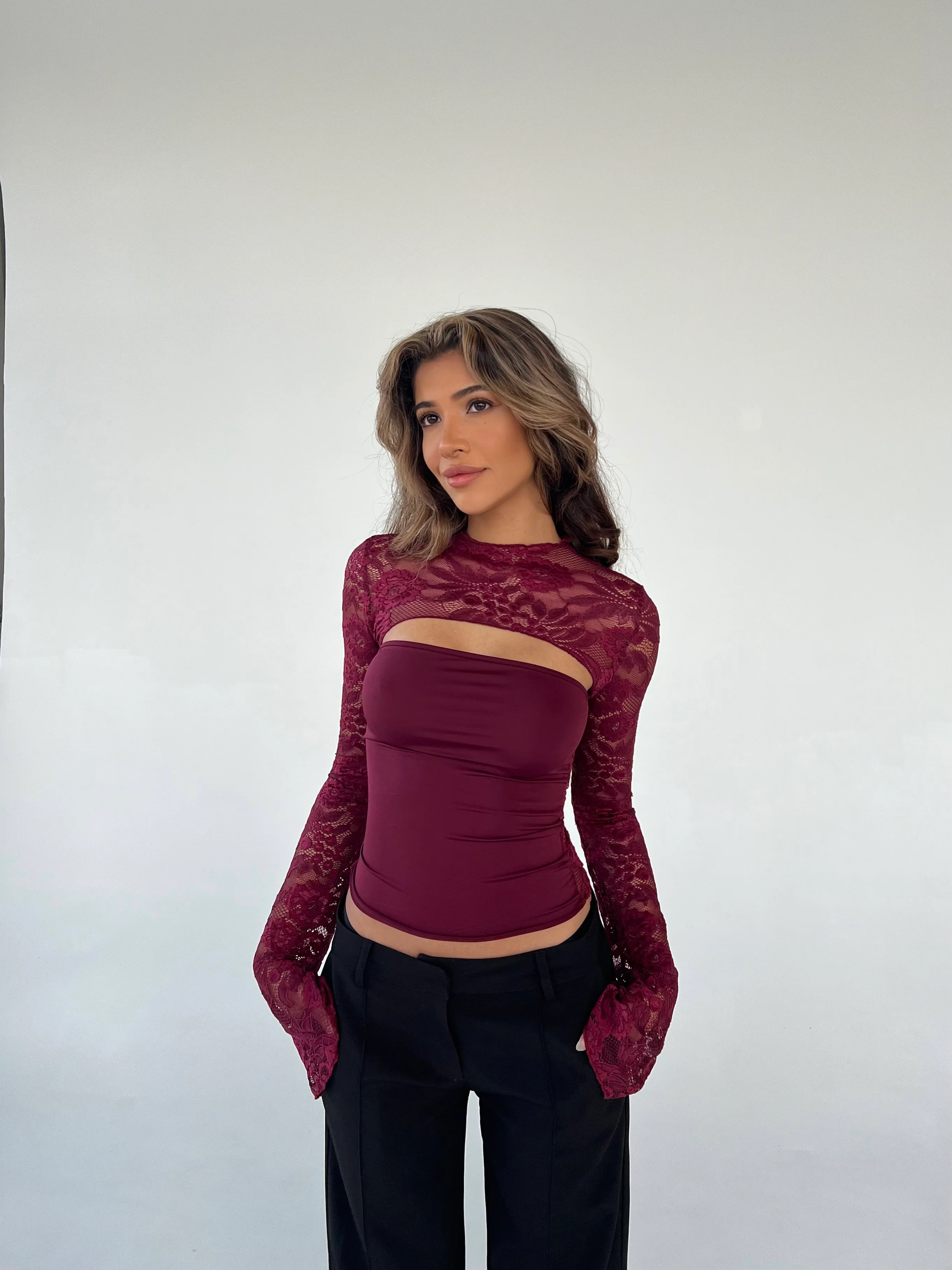 Lara Lace Long Sleeve Top - Bordeaux