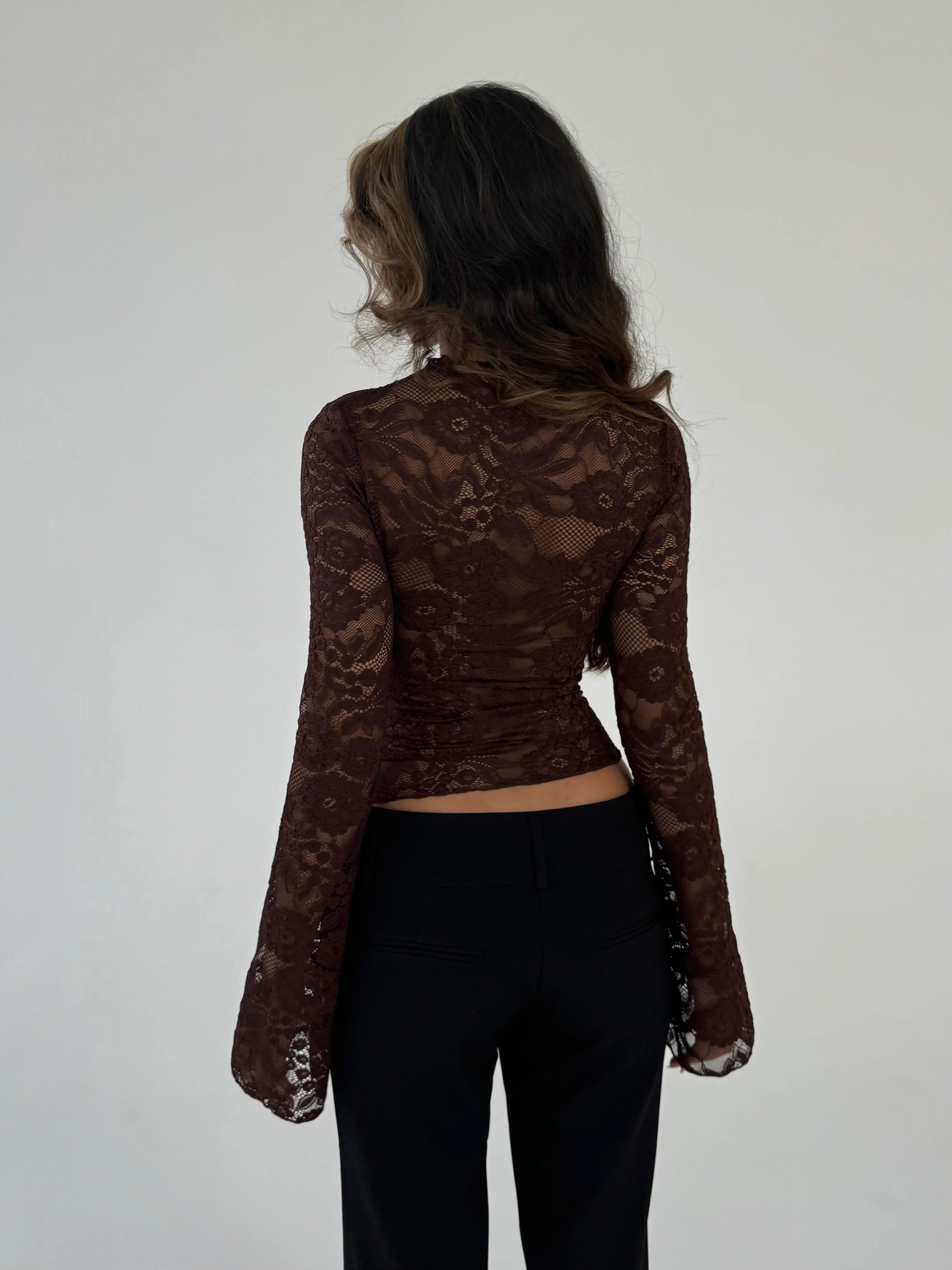 Lara Lace Long Sleeve Top - Dunkelbraun - Image 5