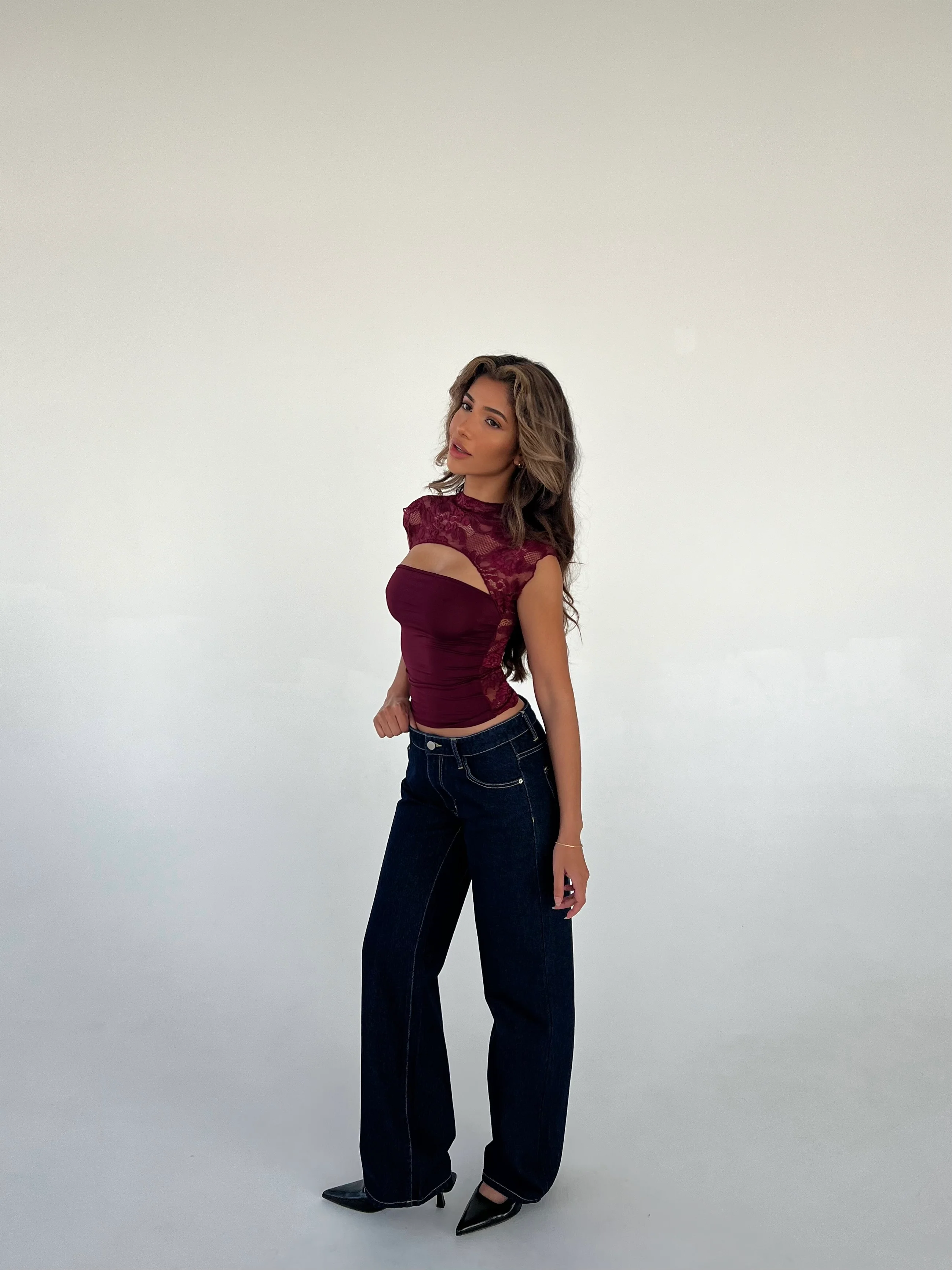 Lara Lace Top - Bordeaux - Image 2