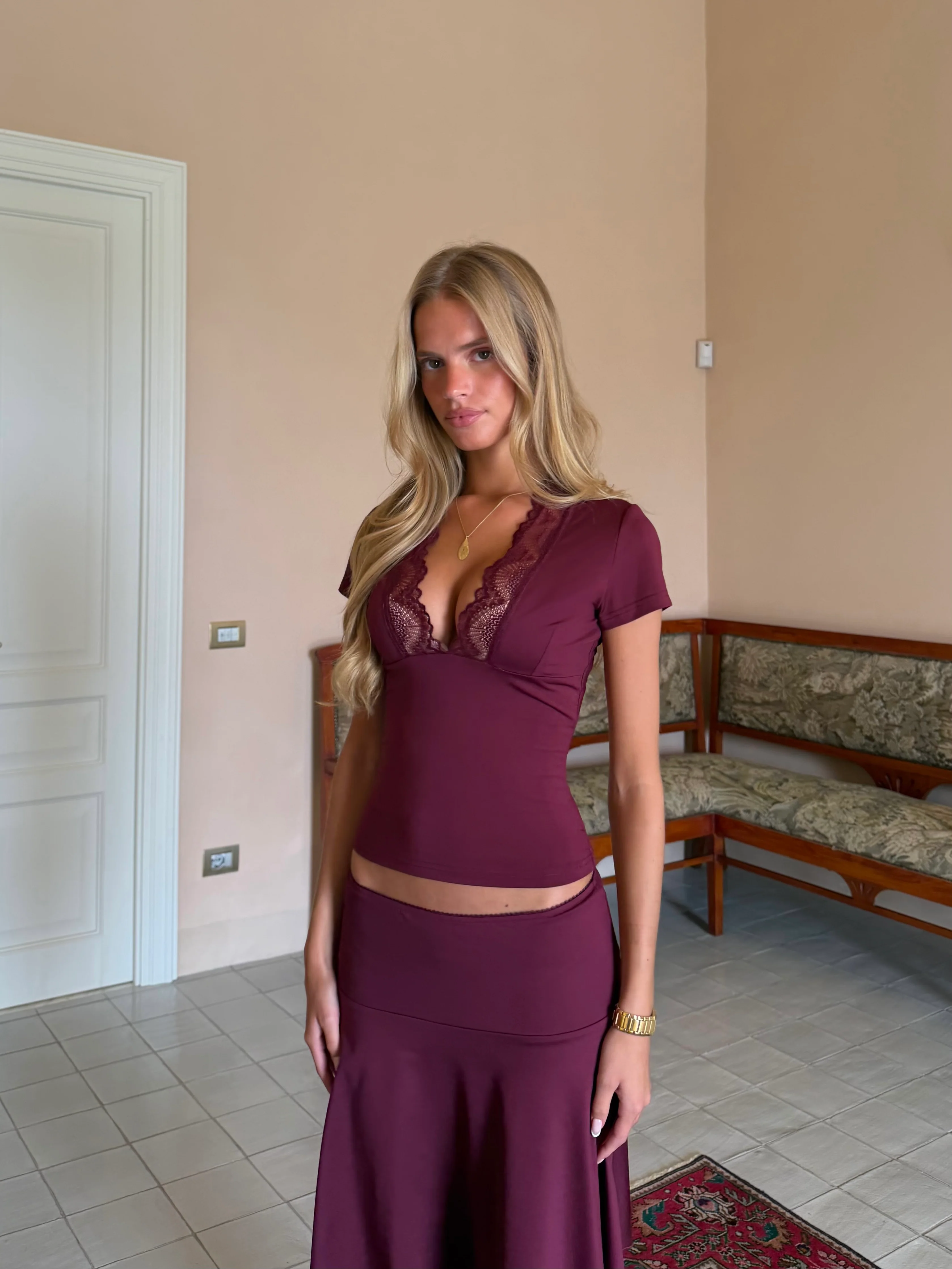 Lucia Basic Lace Tee - Bordeaux - Image 2
