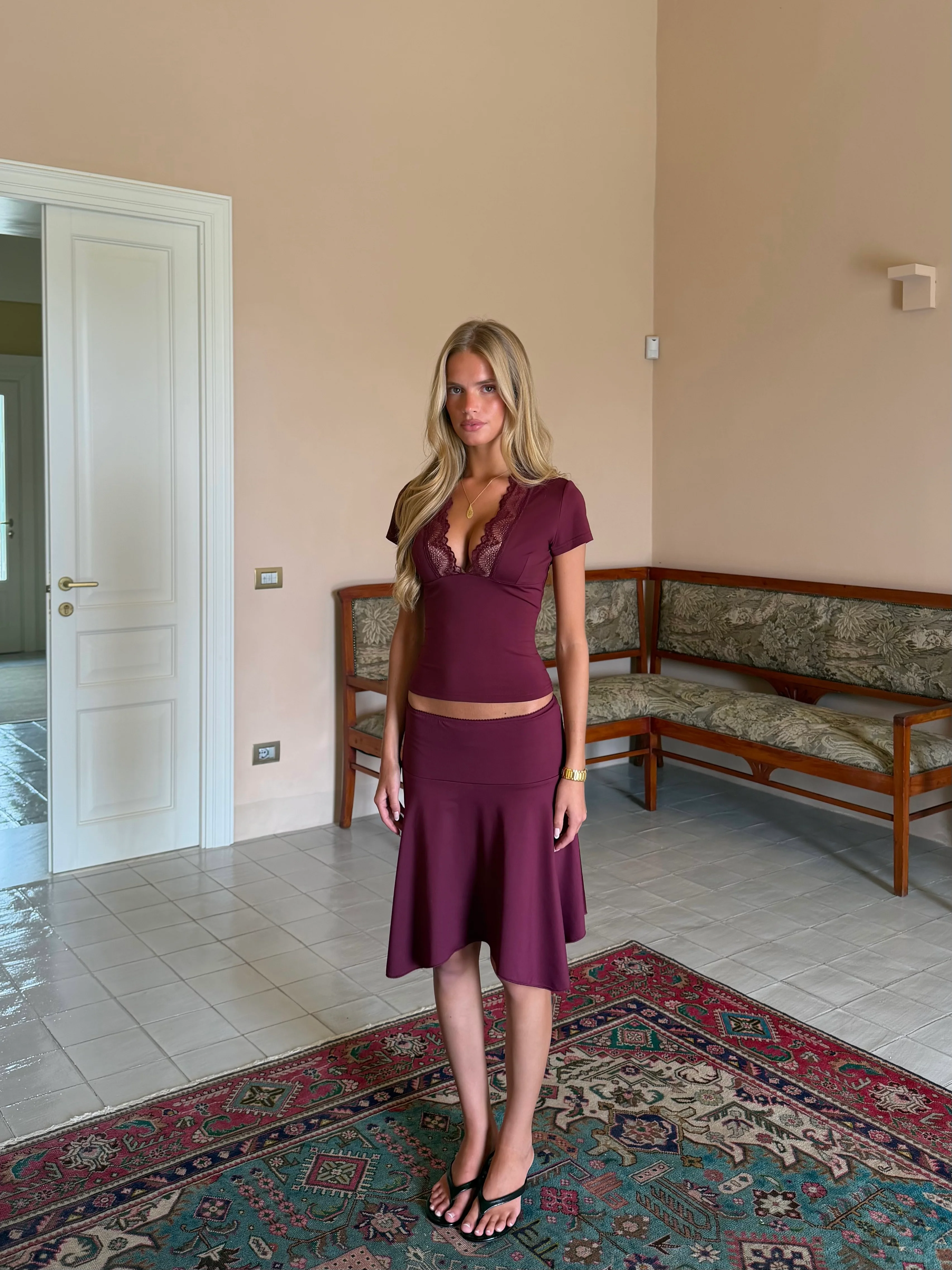 Lucia Basic Lace Tee - Bordeaux - Image 4