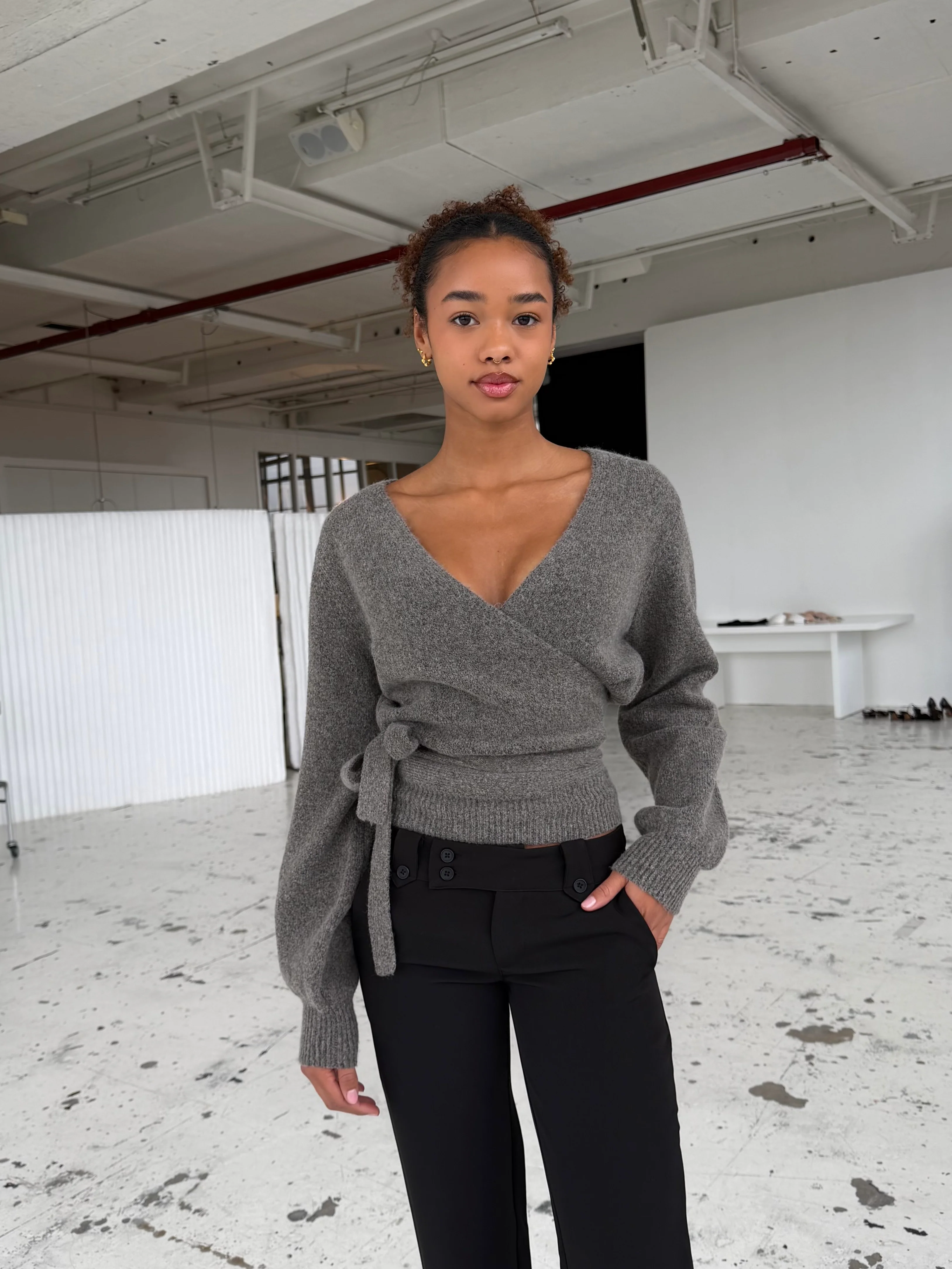 Wool blend wrap cardigan - hellgrau/braun
