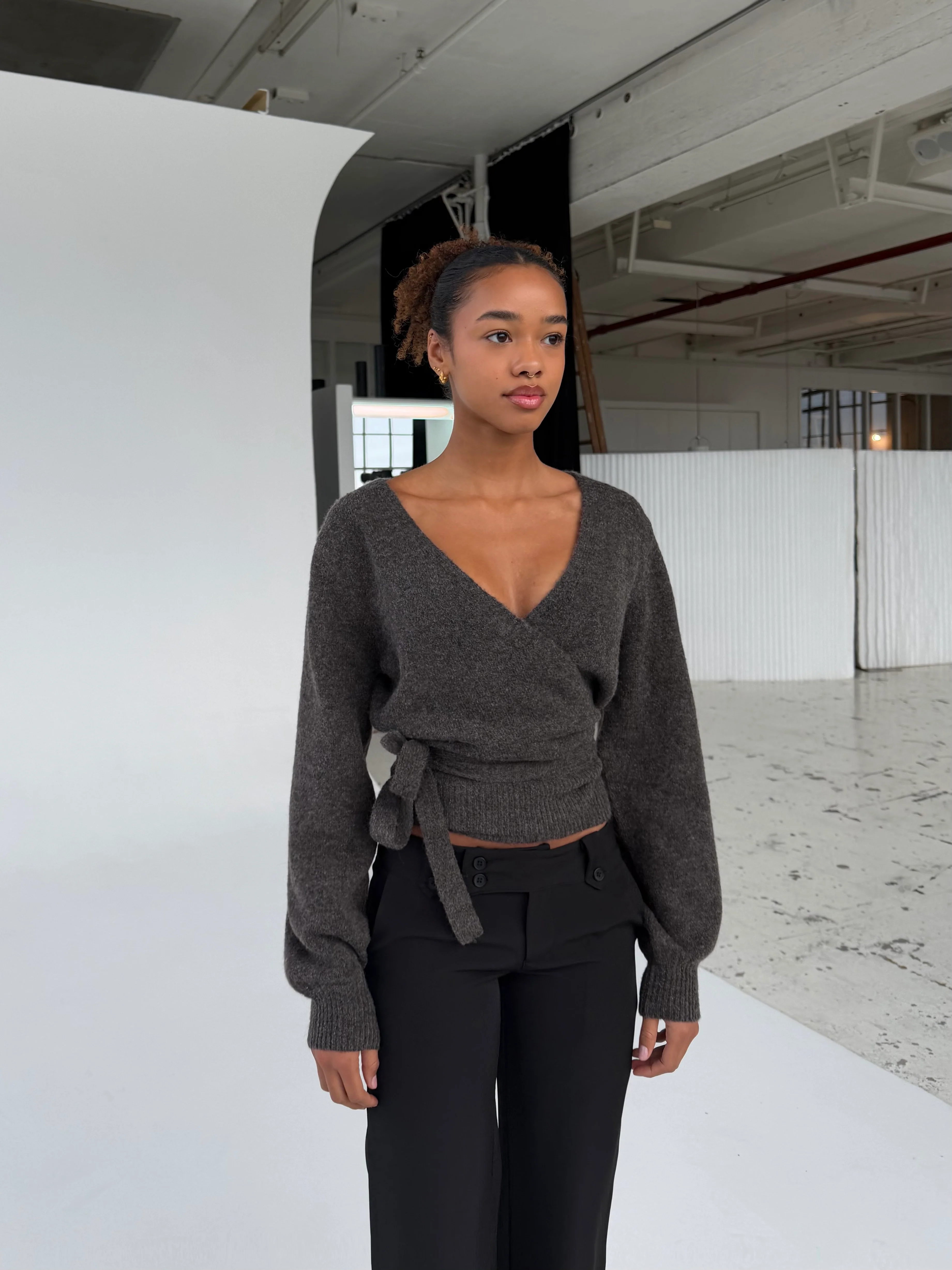 Wool blend wrap cardigan - dunkelgrau/braun